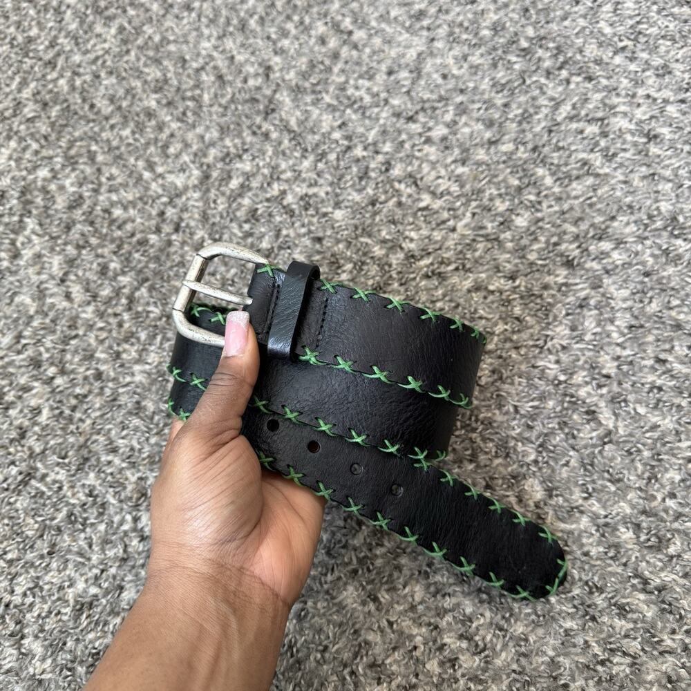 W. Kleinberg Black Green Trim Leather Belt Size 36 (36-39”) Waist Vintage